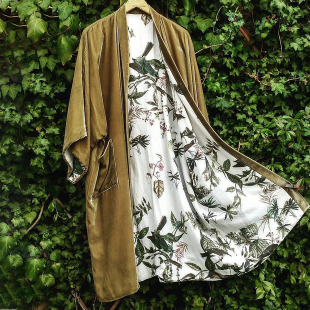 Fashion Lining Flower Leaf Print Kimono Duster