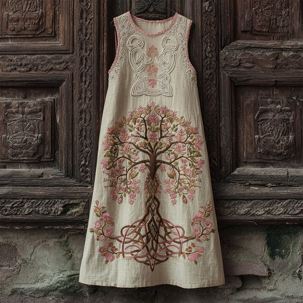 Pink Celtic Tree Of Life Embroidered Linen Midi Tank Dress