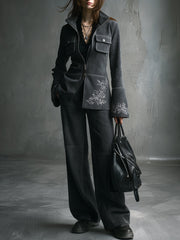 Vintage Suede Embroidered Flap Pocket Bell Sleeve Jacket