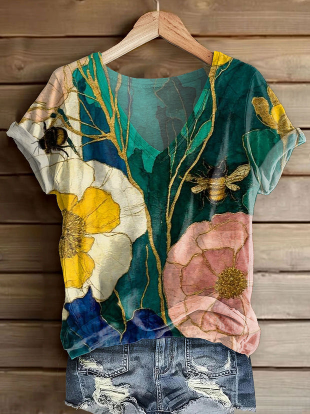Women's Bohemian Floral Bee Art Print V-neck Casual T-Shirt