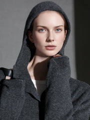 Henry Neck Half-Placket Wool Knit Hoodie – Vintage Relaxed Pullover Sweater for Women, Elegant Commuter Style