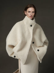 Alpaca Wool Biker Jacket for Women – Stand Collar Suoli Alpaca Coat with Luxe Textured Finish, Winter Chic Outerwear