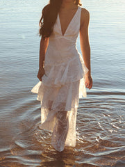 V neck tiered lace maxi dress