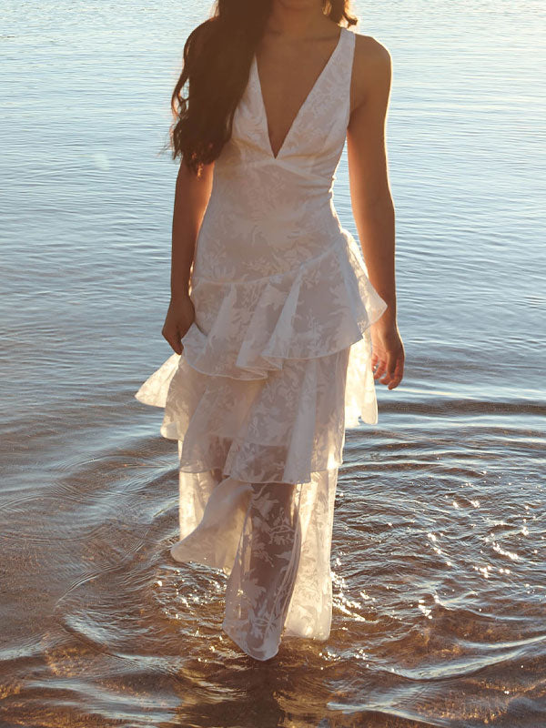 V neck tiered lace maxi dress