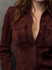 Chestnut Brown Eco Suede Western Shirt With Pockets