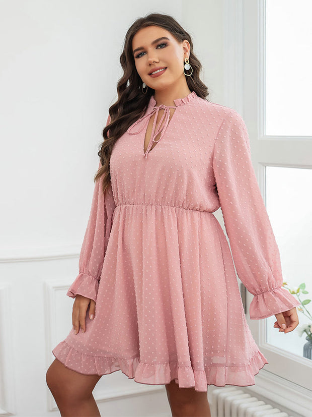 Plus Pink Tie Neck Ruffle Trim Dress