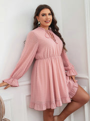 Plus Pink Tie Neck Ruffle Trim Dress