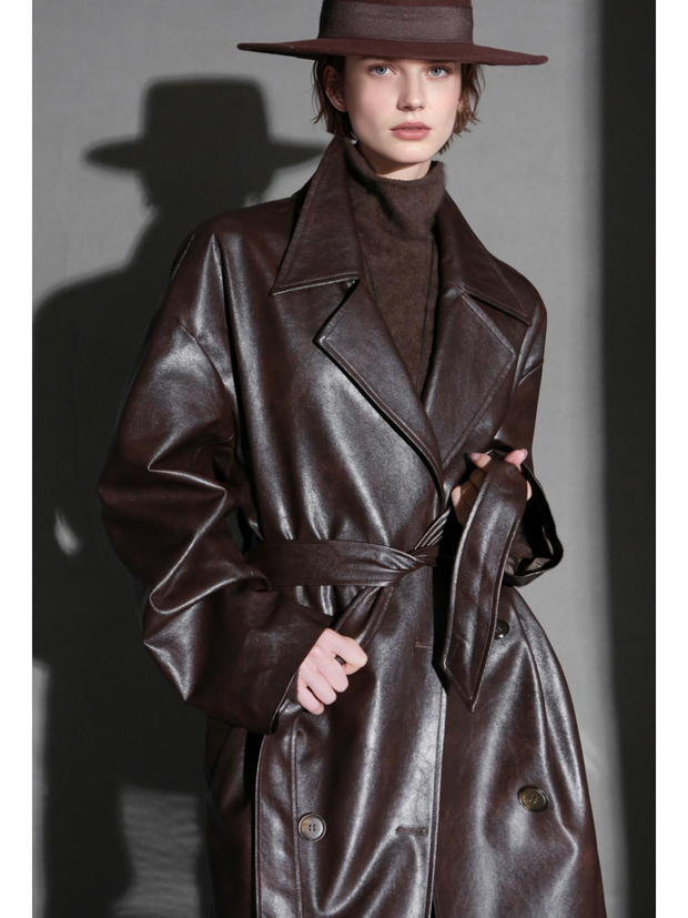 Women’s Sheepskin Leather Trench Coat – Niche Fashion Loose-Fit Mid-Length Stylish Leather Outerwear