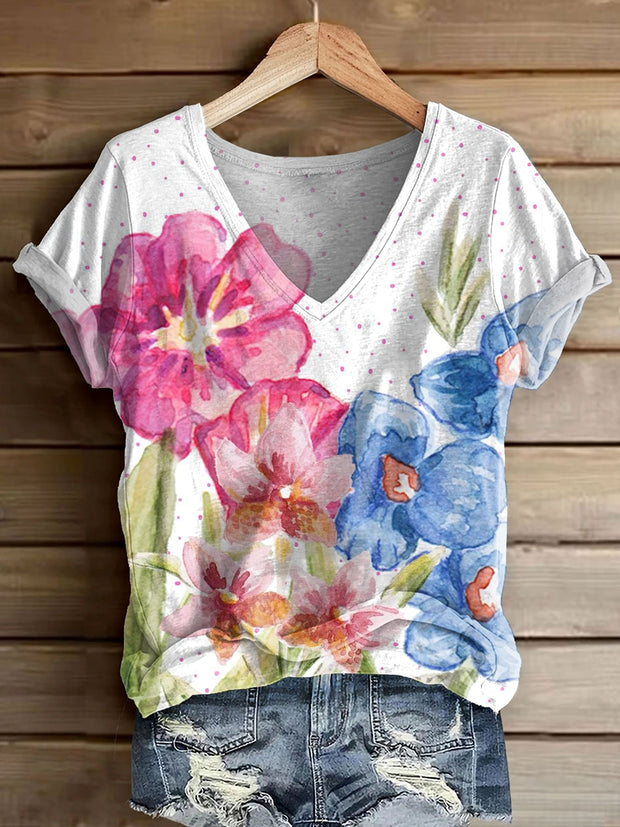Women's Muted Floral Art Print V-Neck Casual T-Shirt