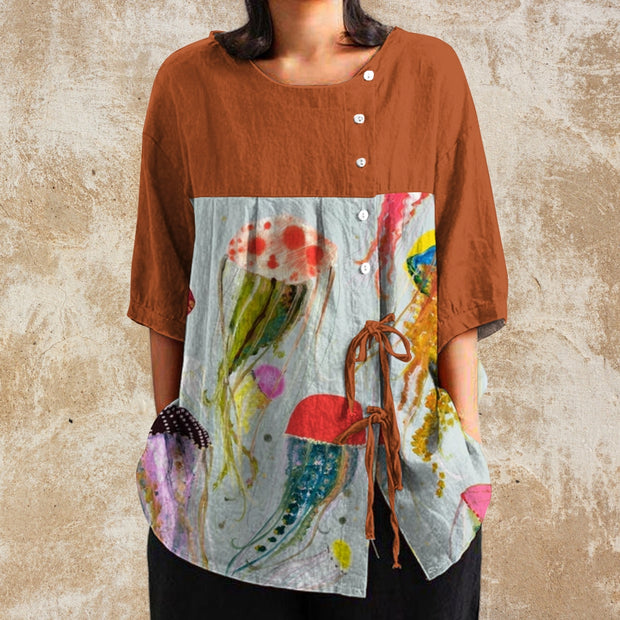 Jellyfish  Printing  Round Collar Button-Up Loose T-Shirt