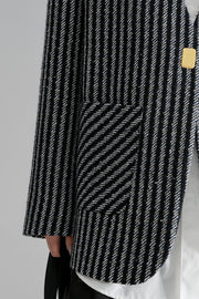 Nordic Striped Wool Blazer for Women – Elegant V-Neck Suit Jacket with Metal Buckle and Structured Shoulders, Fall Office Wear