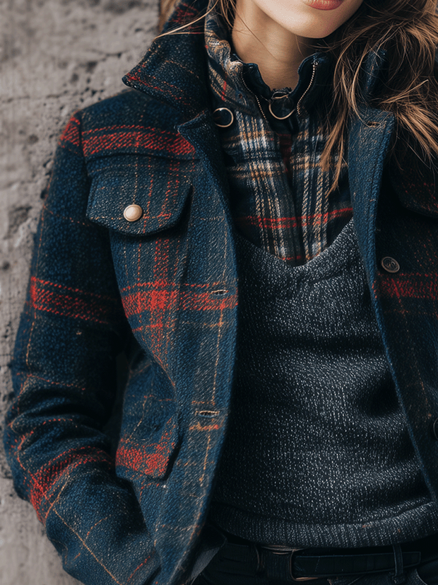 Stylish Navy Plaid Wool Jacket