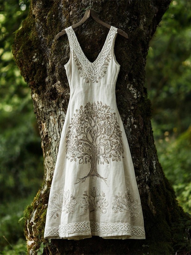 Nordic Myth Tree Of Life Embroidered Women's Linen V-neck Vest Midi Dress