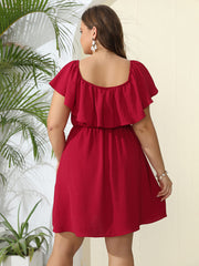 Plus Plain Off Shoulder Ruffle Elastic Waist Dress