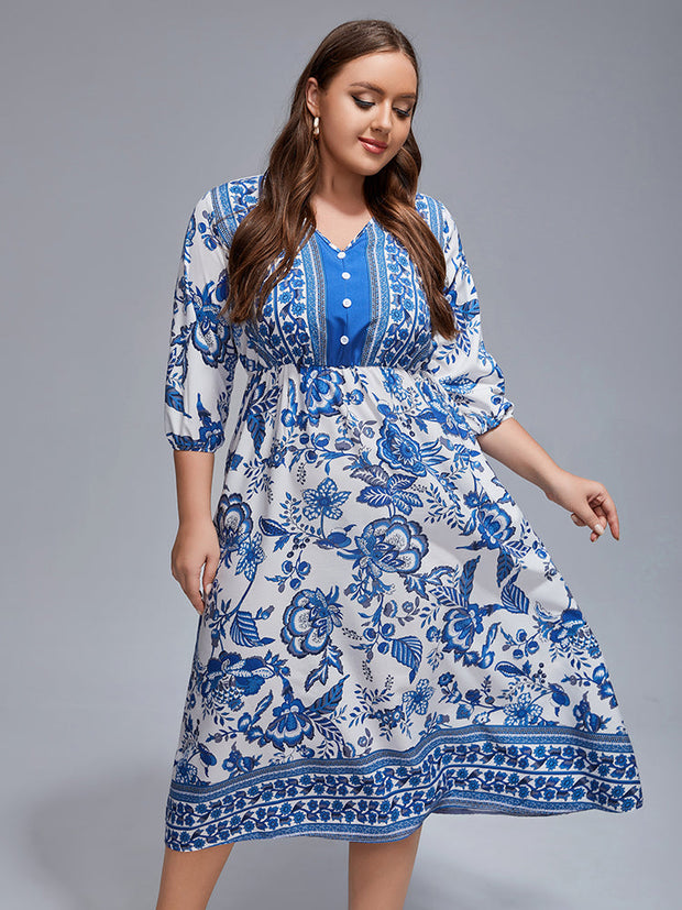 Plus Floral V-Neck Lantern Sleeve Boho Midi Dress