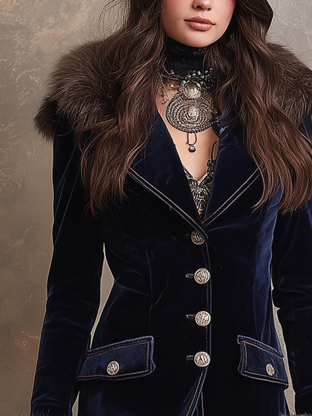 Vintage Faux Fur Collar Polyester Velvet Jacket