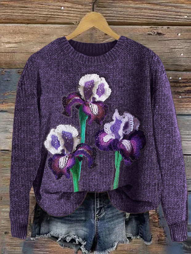 Classy Irises Crochet Art Cozy Knit Sweater