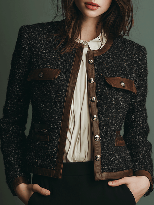 Classic Vintage Leather Trim Tweed Jacket
