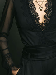 Romantic Black Sheer Mesh Sleeve Lace High Neck Top