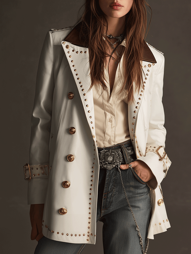 Classic White Studded Double-Breasted Leather Trench Coat