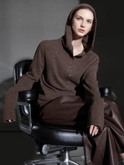 Henry Neck Half-Placket Wool Knit Hoodie – Vintage Relaxed Pullover Sweater for Women, Elegant Commuter Style