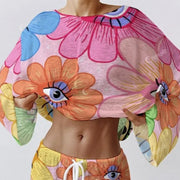 Colordate Women's Sunflower With Eye Print Long Sleeve Cotton Homewear Set