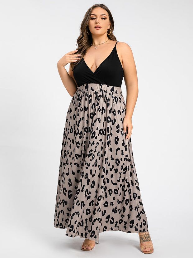 Leopard Patchwork V-Neck Split Thigh Cami Maxi Dress