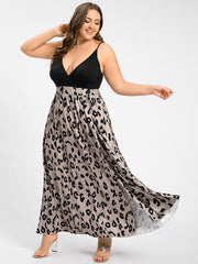 Leopard Patchwork V-Neck Split Thigh Cami Maxi Dress