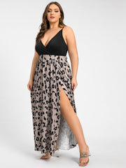 Leopard Patchwork V-Neck Split Thigh Cami Maxi Dress