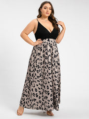 Leopard Patchwork V-Neck Split Thigh Cami Maxi Dress