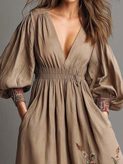Bohemian Embroidered Linen Midi Dress With Puff Sleeves