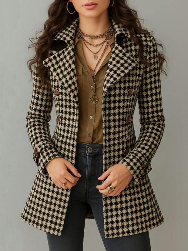 Retro Houndstooth Tweed Jacket With Lapel
