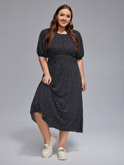 Plus Polka Dot Round Neck Puff Sleeve Midi Dress