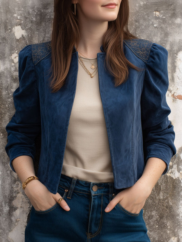 Retro Embroidered Puff Sleeve Suede Cropped Jacket