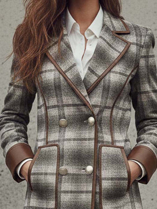 Plaid Print Faux Suede Coat With Leather Trim