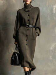 Retro High-neck Contrast Buttons Knitted Midi Dress