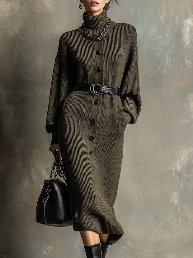 Retro High-neck Contrast Buttons Knitted Midi Dress