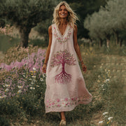 Women's Tree Of Life Pink Embroidery V Neck Tank Midi Dress
