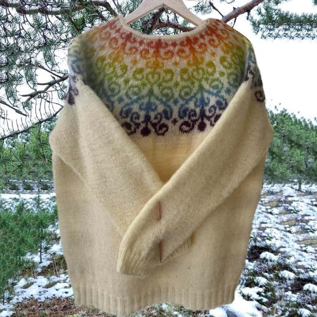 Unisex Vintage Icelandic Rainbow Knit Jacquard Warmth Crew Neck Sweater