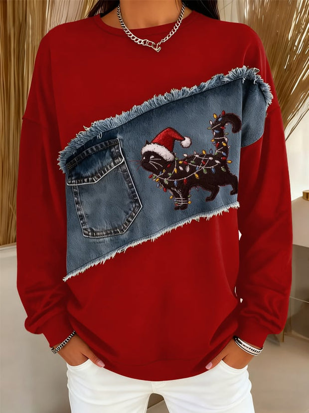 Women's Casual Christmas Cat Print Sweatshirt