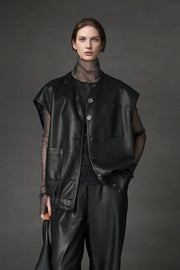 Women’s Sheepskin Leather Vest – Oversized Pocket Design Sleeveless Jacket, Versatile Chic Outerwear