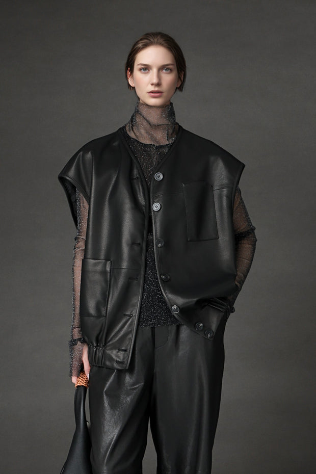 Women’s Sheepskin Leather Vest – Oversized Pocket Design Sleeveless Jacket, Versatile Chic Outerwear