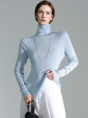 Merino Wool Minimalist Mock Neck Ribbed Knit Top – Cross-Strap Seamless Solid Color Sweater
