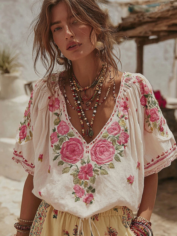 Women's Pink Rose Embroidered V-neck Linen Blend T-shirt
