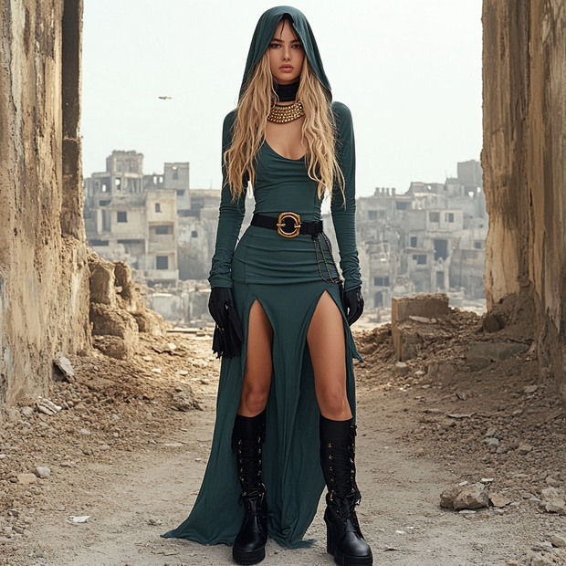 Ruin Wasteland Style Slit Hooded Dress