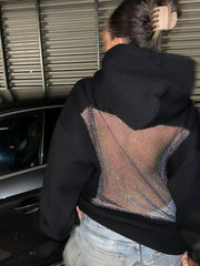 Casual Patchwork Mesh Diamond Hooded Sweatshirt