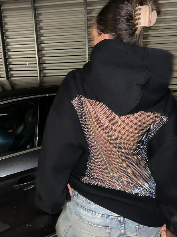 Casual Patchwork Mesh Diamond Hooded Sweatshirt