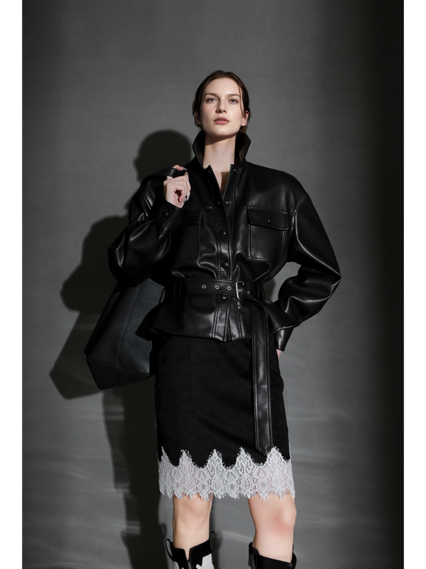 Women’s Cropped Sheepskin Leather Moto Jacket – High-End Belted Designer Biker Outerwear