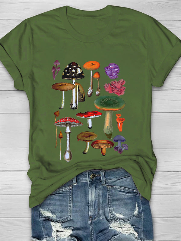 Colorful Mushroom Printed Crew Neck Women's T-shirt