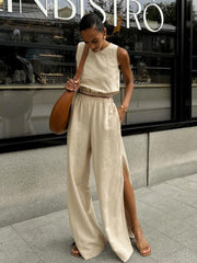 Casual Solid Color Sleeveless Top and Wide Leg Pants Set